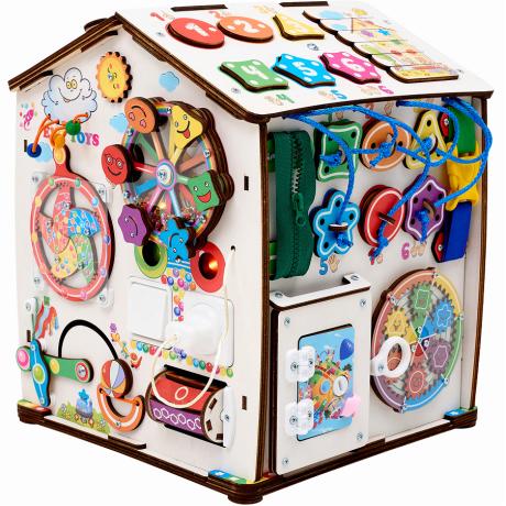 Бизиборд домик развивающий Смайлики на аттракционе со светом