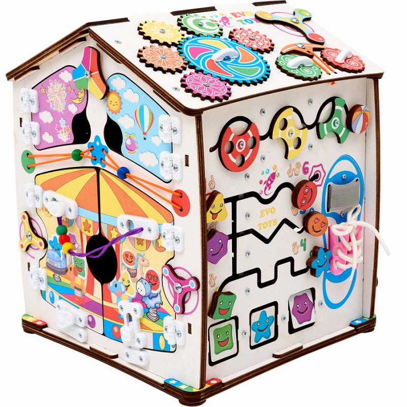 Бизиборд домик развивающий Смайлики на аттракционе со светом фото