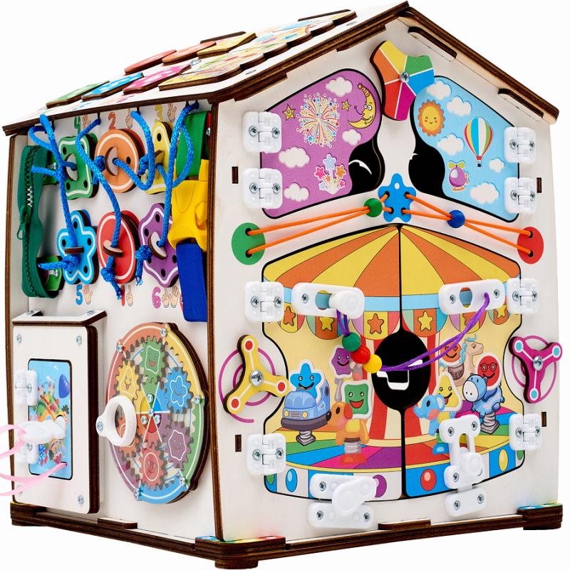 Бизиборд домик развивающий Смайлики на аттракционе со светом фото
