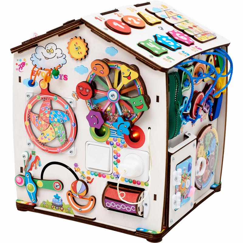 Бизиборд домик развивающий Смайлики на аттракционе со светом фото