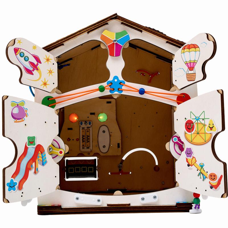 Бизиборд домик развивающий Смайлики на аттракционе со светом фото