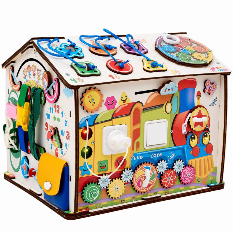 Бизиборд домик Смайлики на паровозике со светом фото