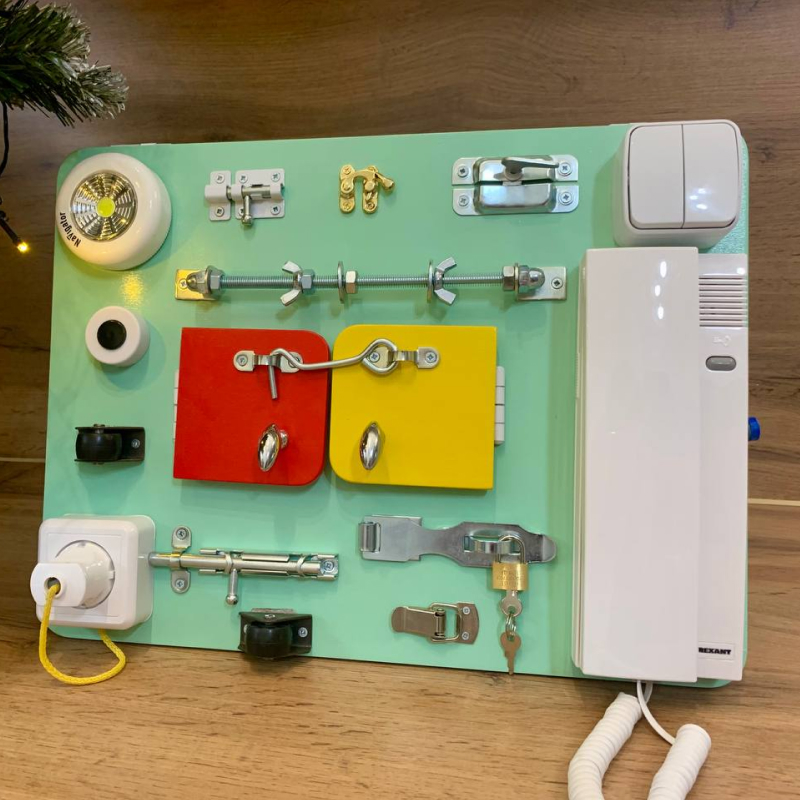 Бизиборд двусторонний мини изумрудный со светом,  40х30 см  фото