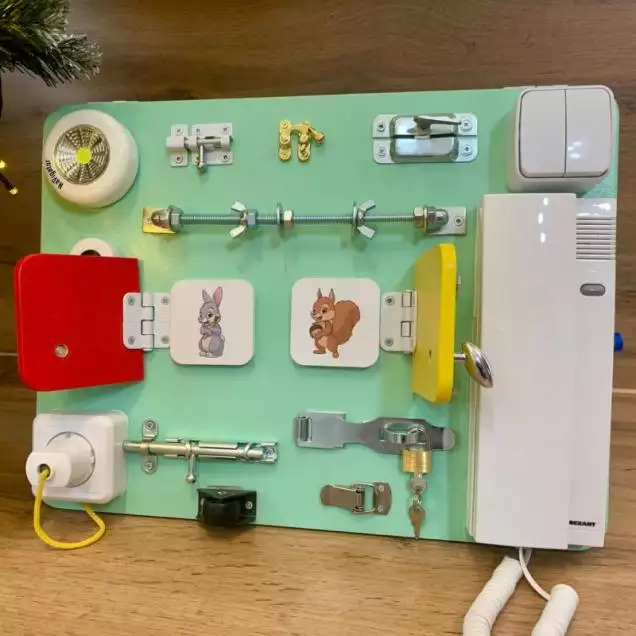 Бизиборд двусторонний мини изумрудный со светом,  40х30 см 